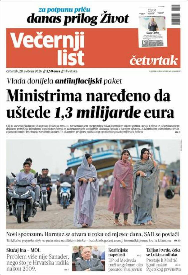 Portada de Večernji (Croacia)