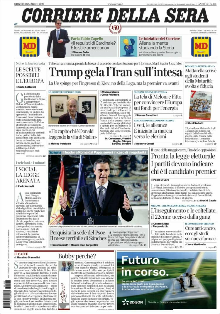 Portada de Corriere della Sera (Italia)