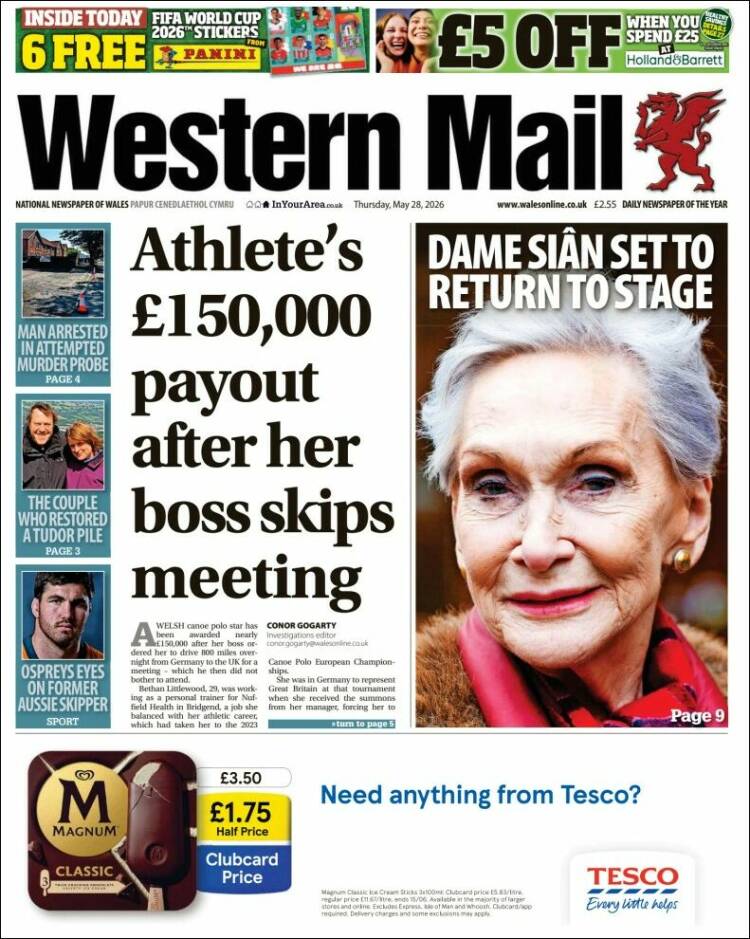 Portada de Western Mail (Reino Unido)