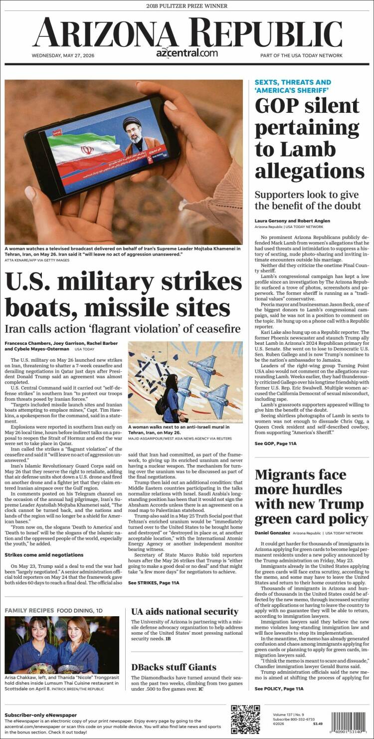 Portada de Arizona Republic News (USA)