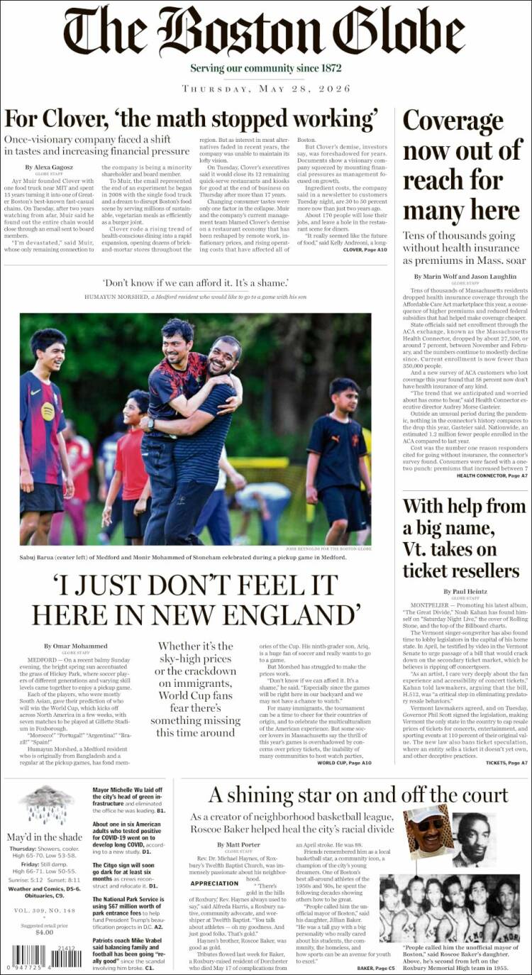 Portada de Boston Globe (USA)