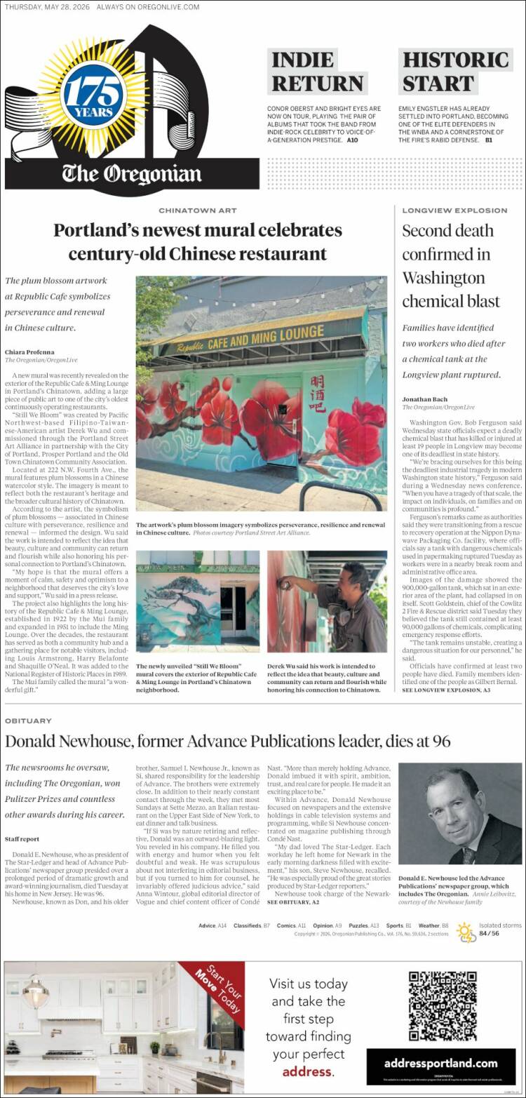 Portada de The Oregonian (USA)