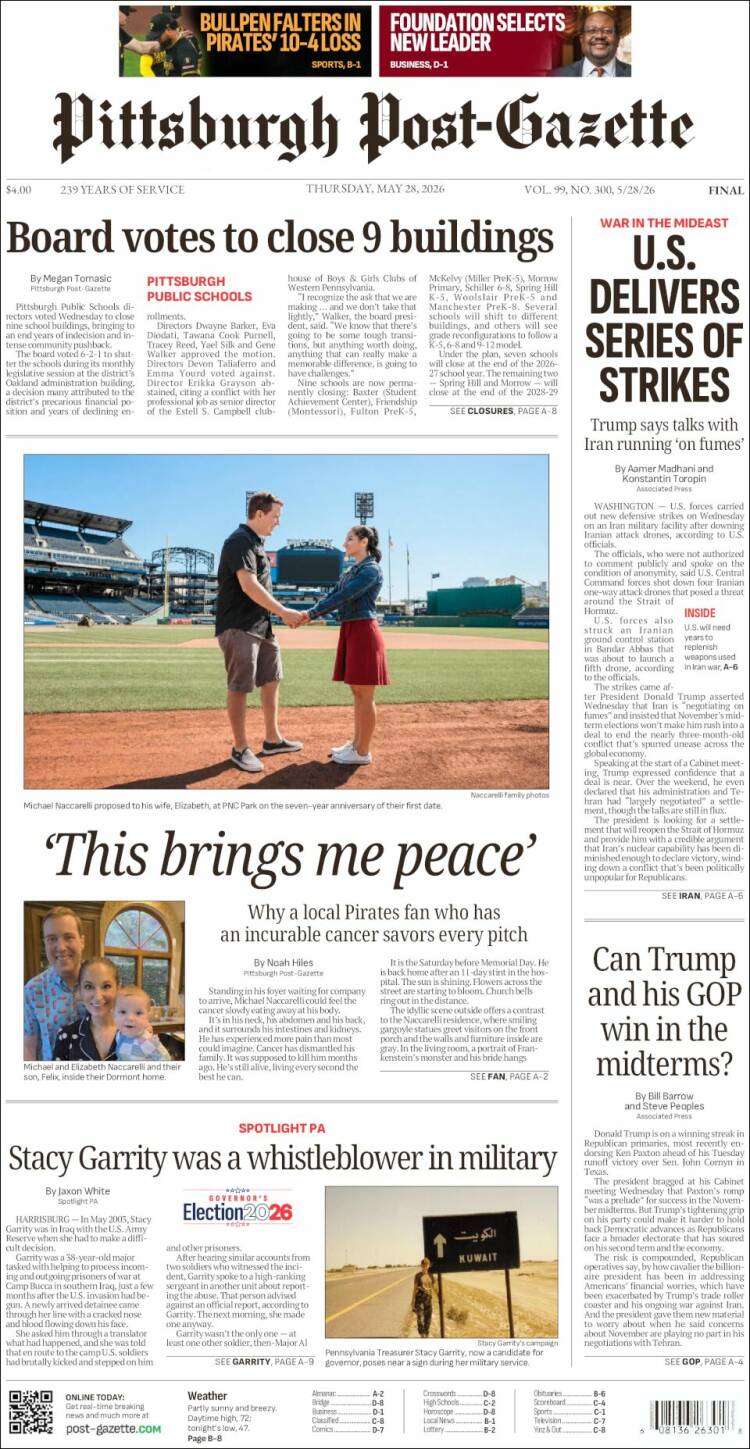 Portada de Pittsburgh Post-Gazette (USA)