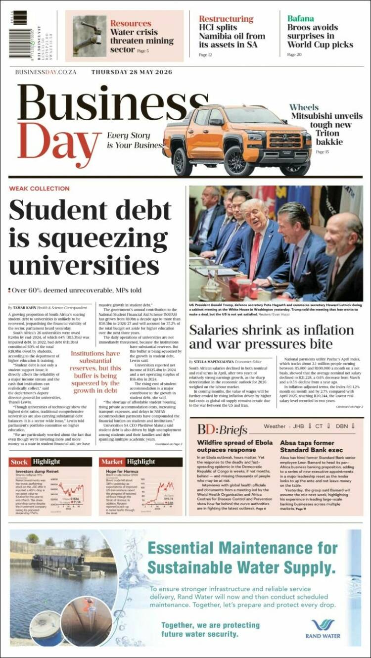 Portada de Business Day (Sud&aacute;frica)