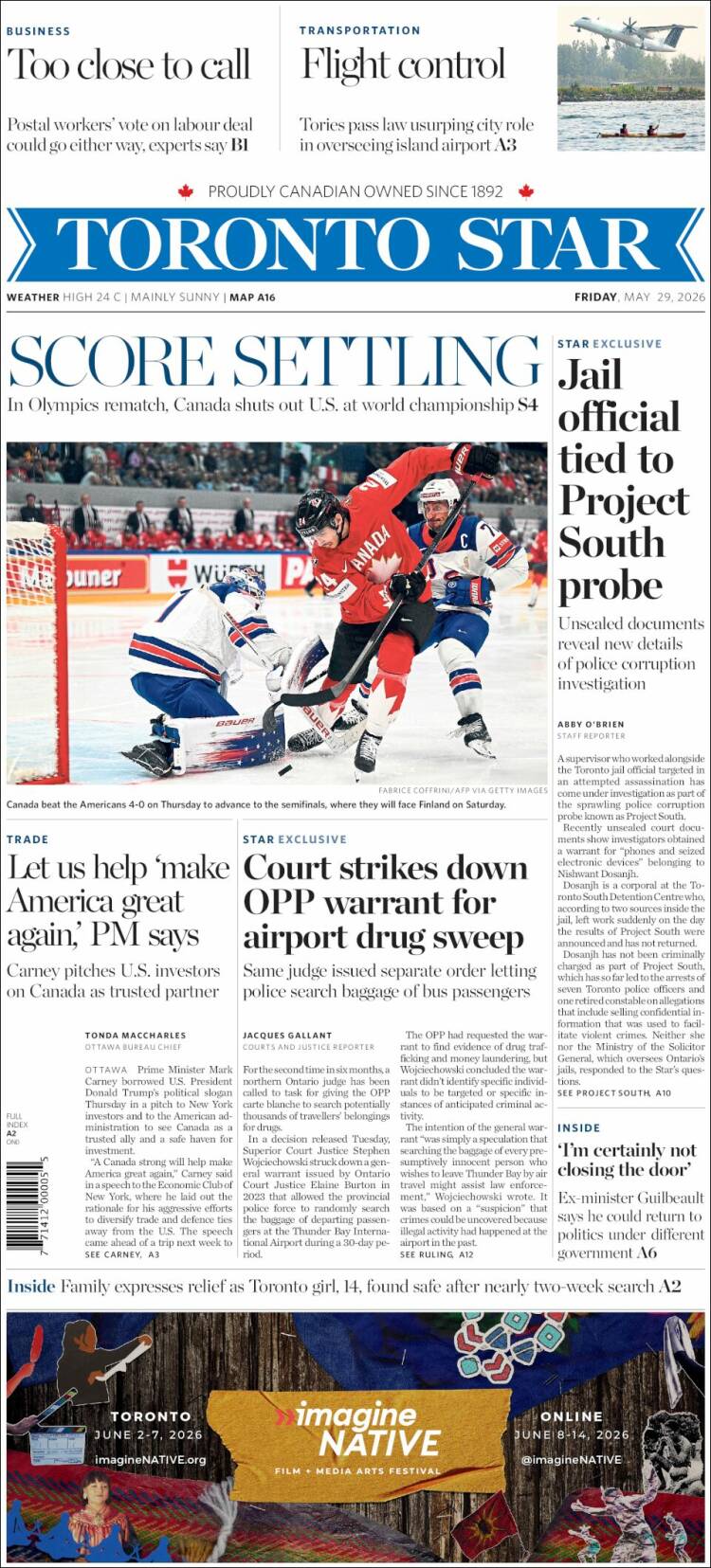 Portada de The Toronto Star (Canad&aacute;)