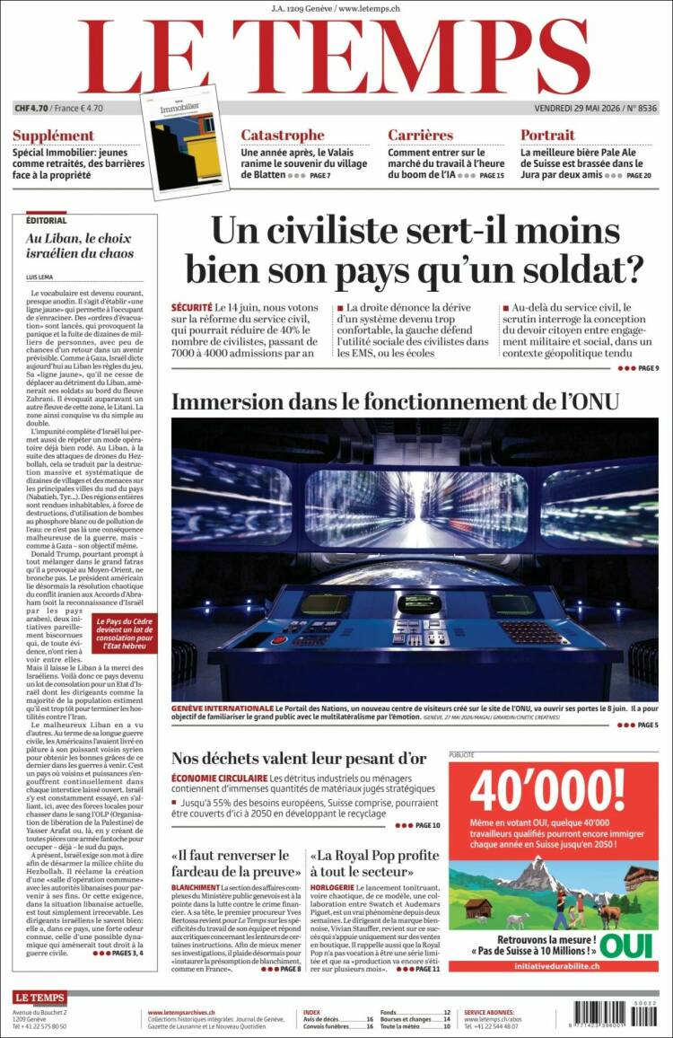 Portada de Le Matin (Suiza)