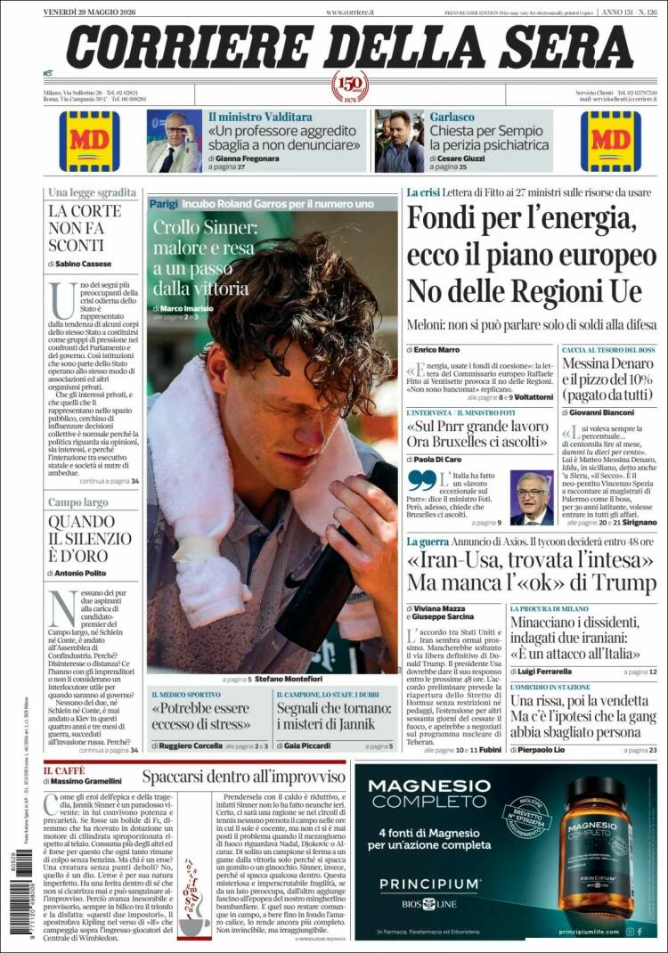 Portada de Corriere della Sera (Italia)