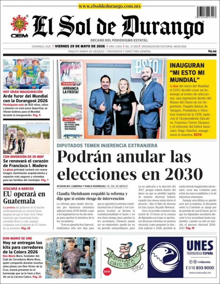 Portada de El Sol de Durango (M&eacute;xico)
