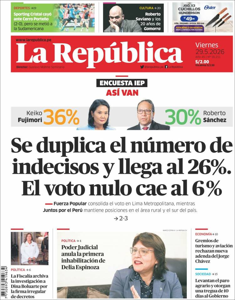 Portada de La Republica (Per&uacute;)