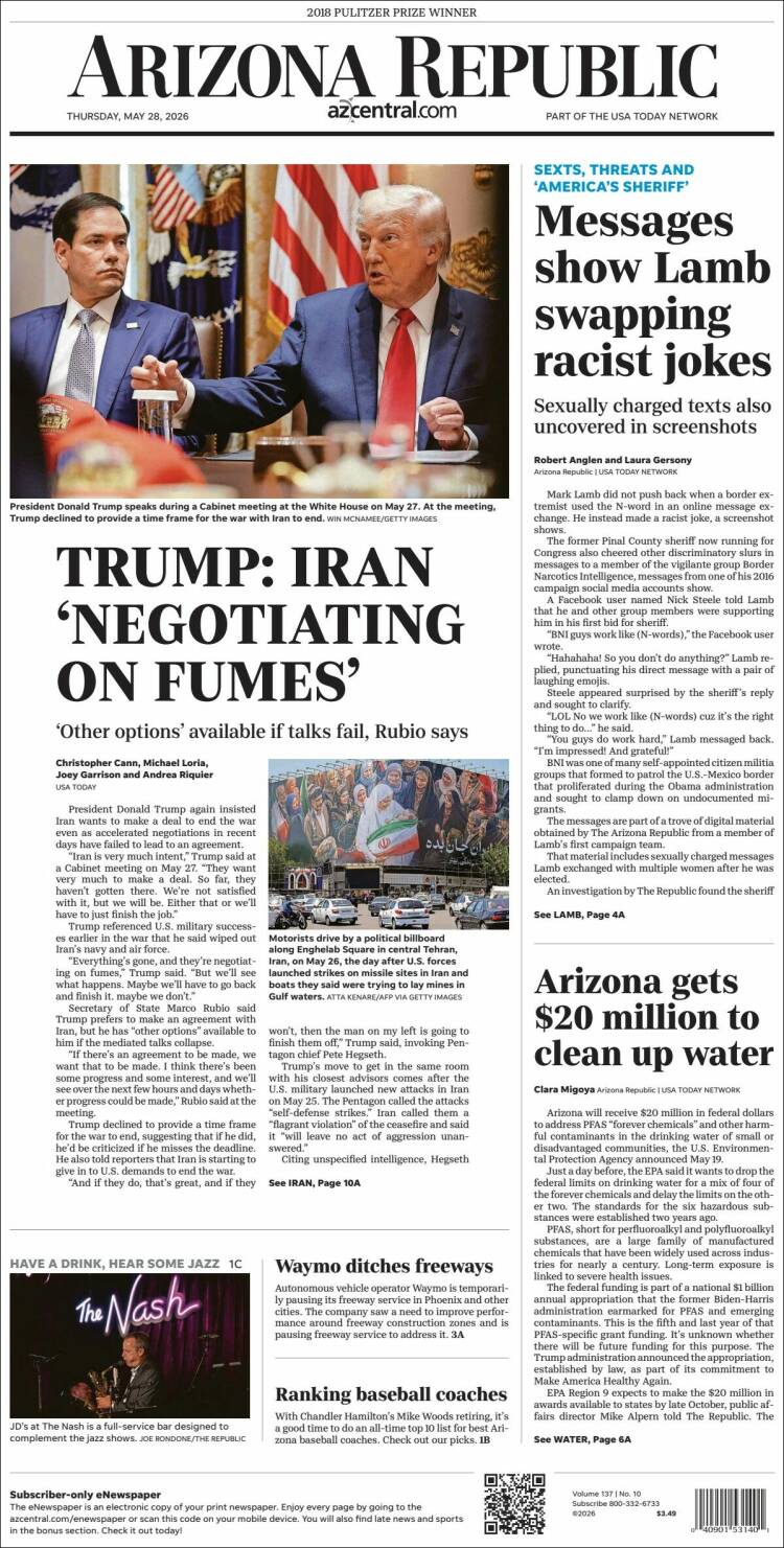 Portada de Arizona Republic News (USA)