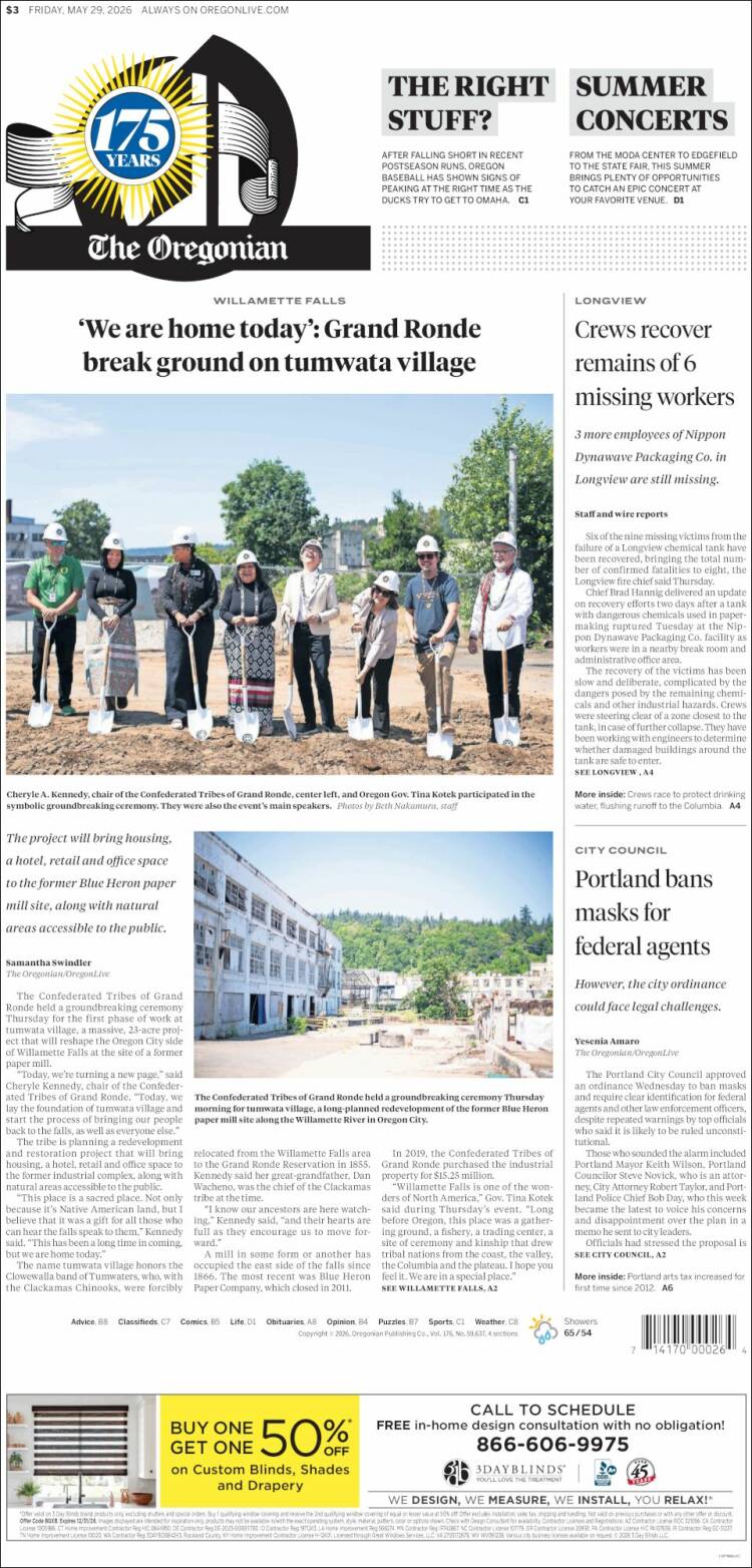 Portada de The Oregonian (USA)
