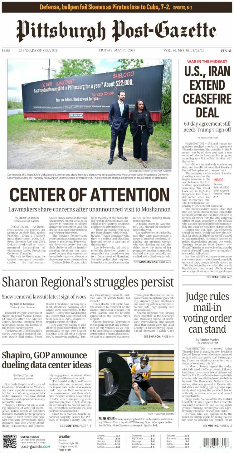 Portada de Pittsburgh Post-Gazette (USA)