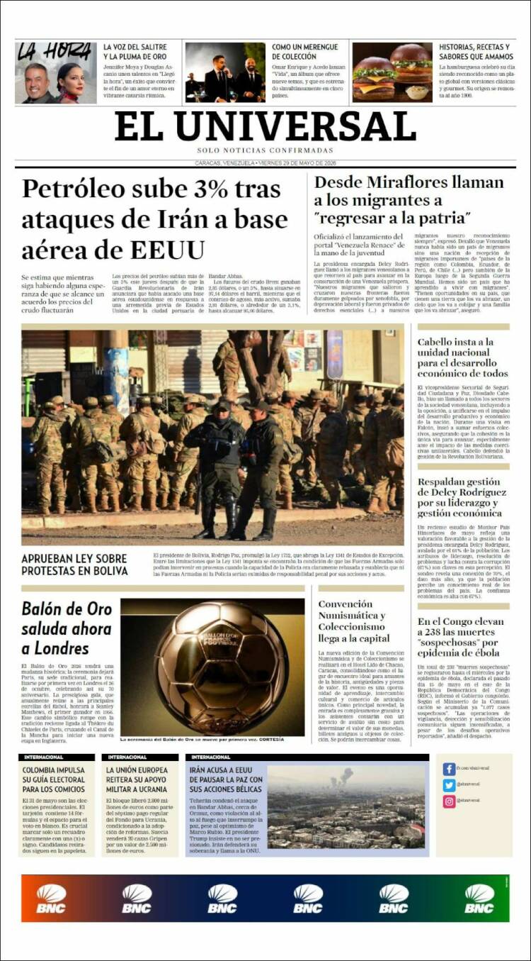 Portada de Universal (Venezuela)