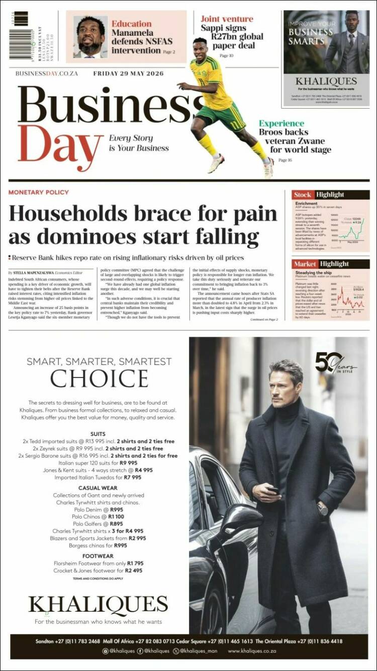 Portada de Business Day (Sud&aacute;frica)