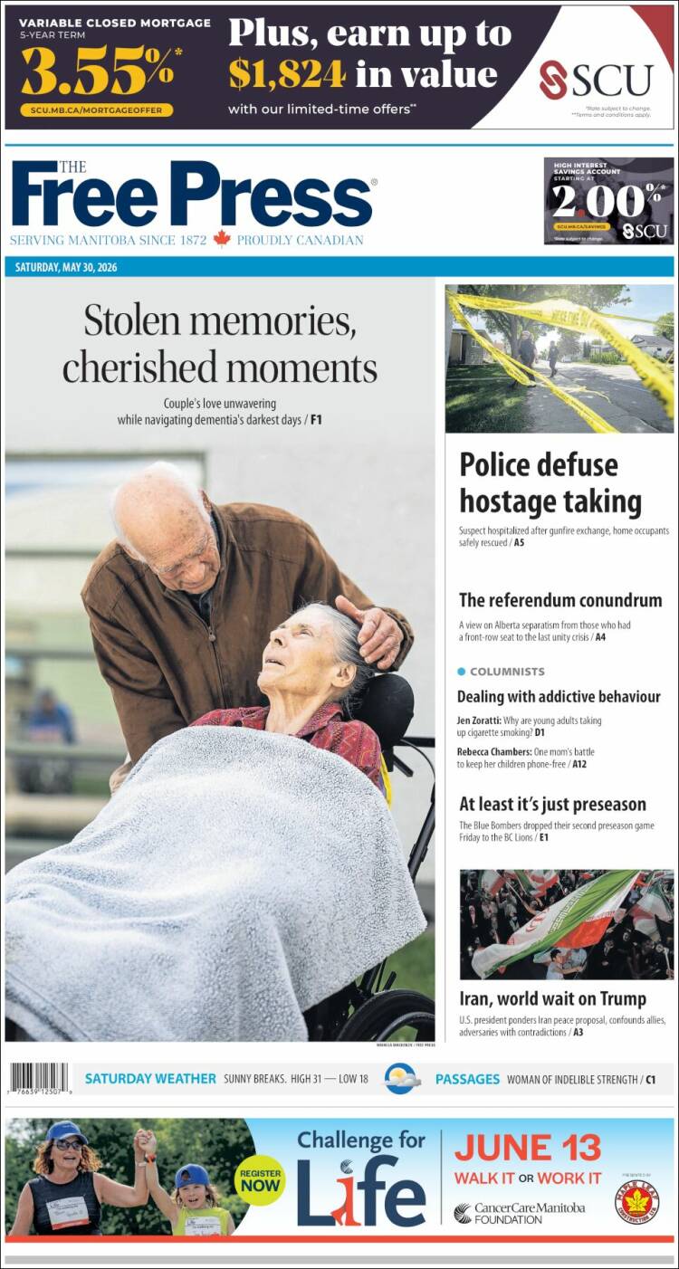 Portada de Winnipeg Free Press (Canad&aacute;)