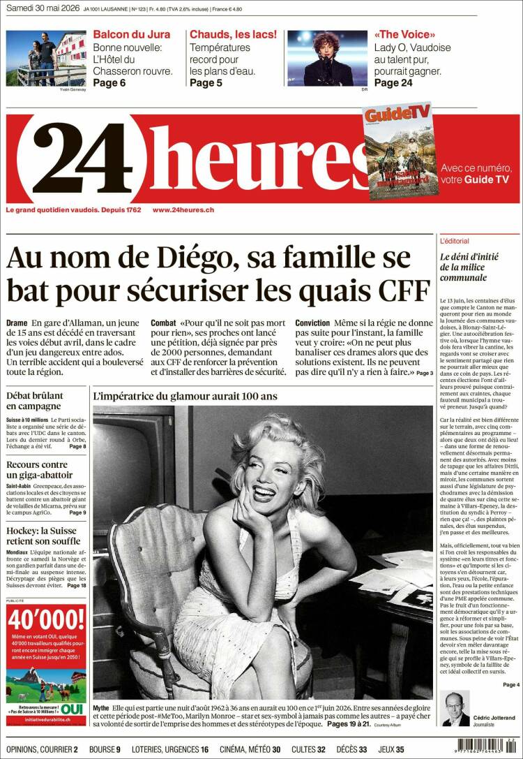 Portada de 24 Heures (Suiza)