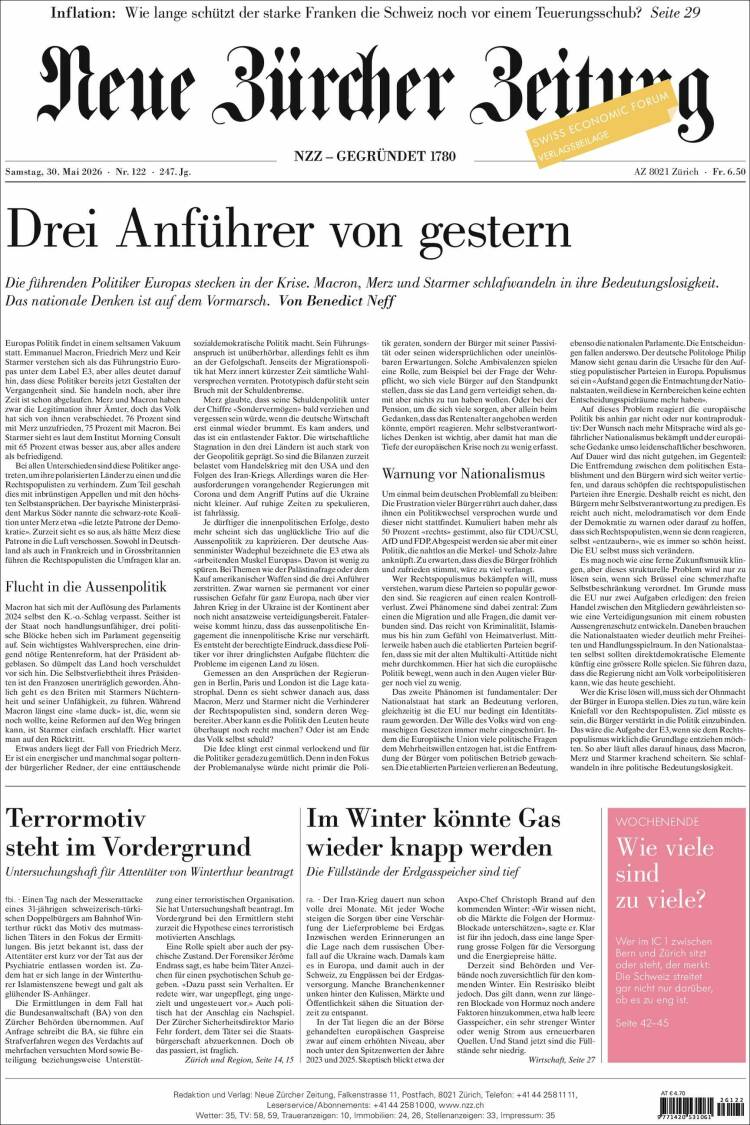 Portada de Neue Zürcher Zeitung (Suiza)