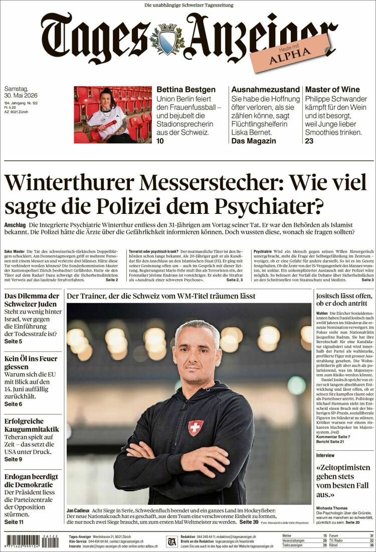 Portada de Tages-Anzeiger (Suiza)