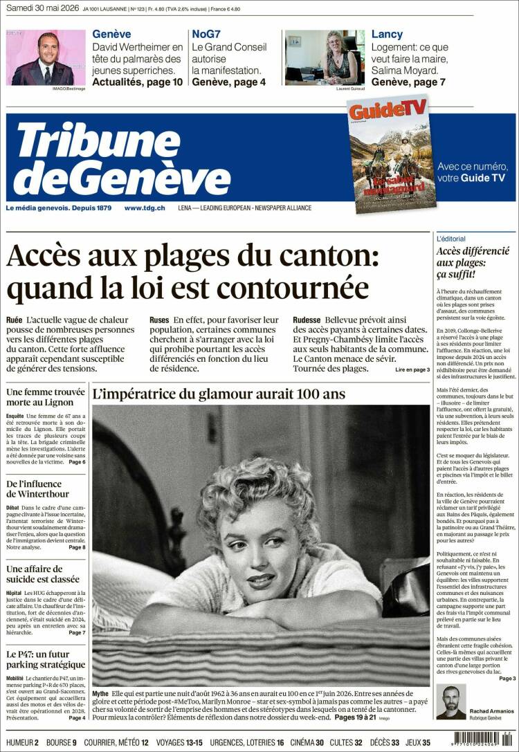 Portada de La Tribune de Genève (Suiza)