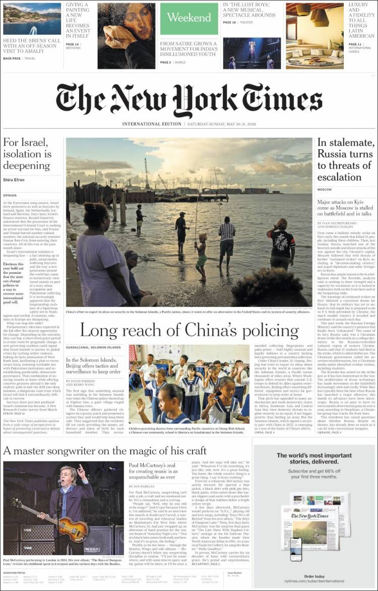 Portada de International New York Times (Europa)