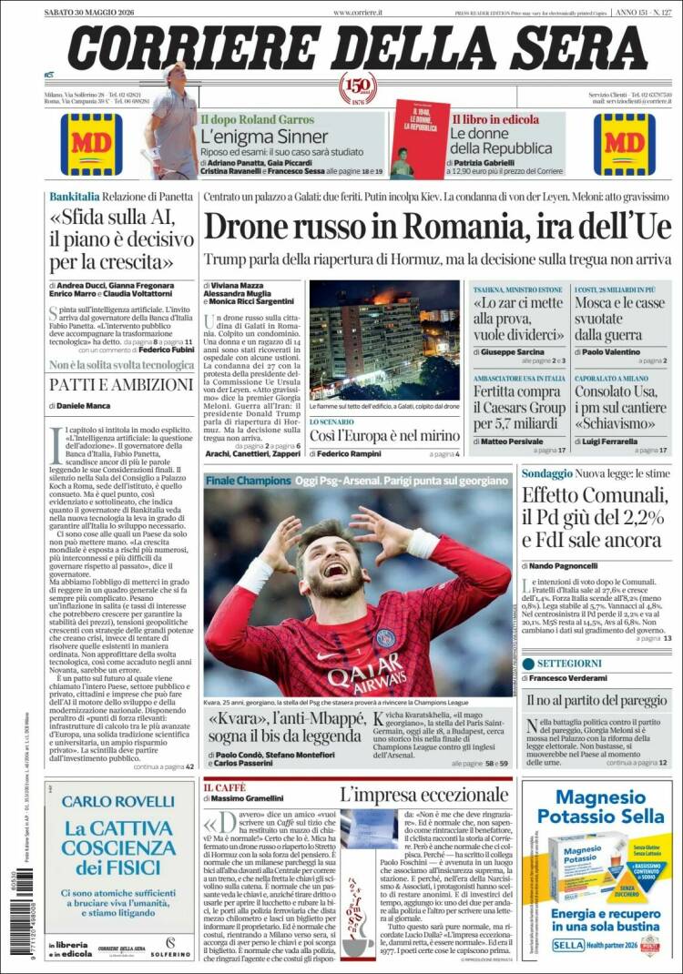 Portada de Corriere della Sera (Italia)