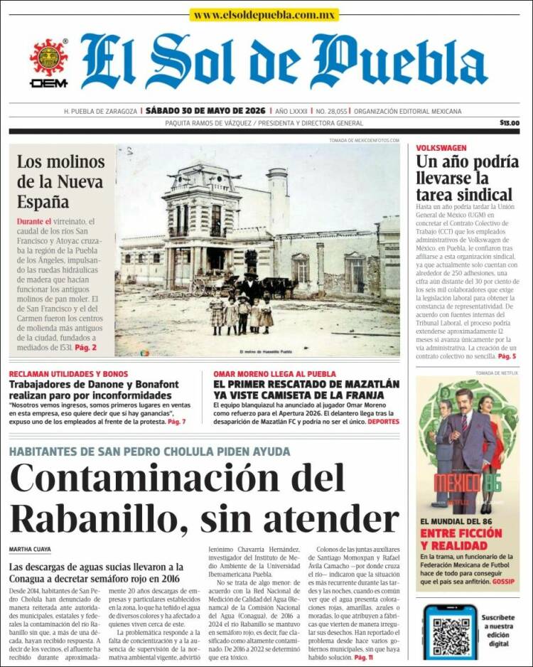 Portada de El Sol de Puebla (M&eacute;xico)