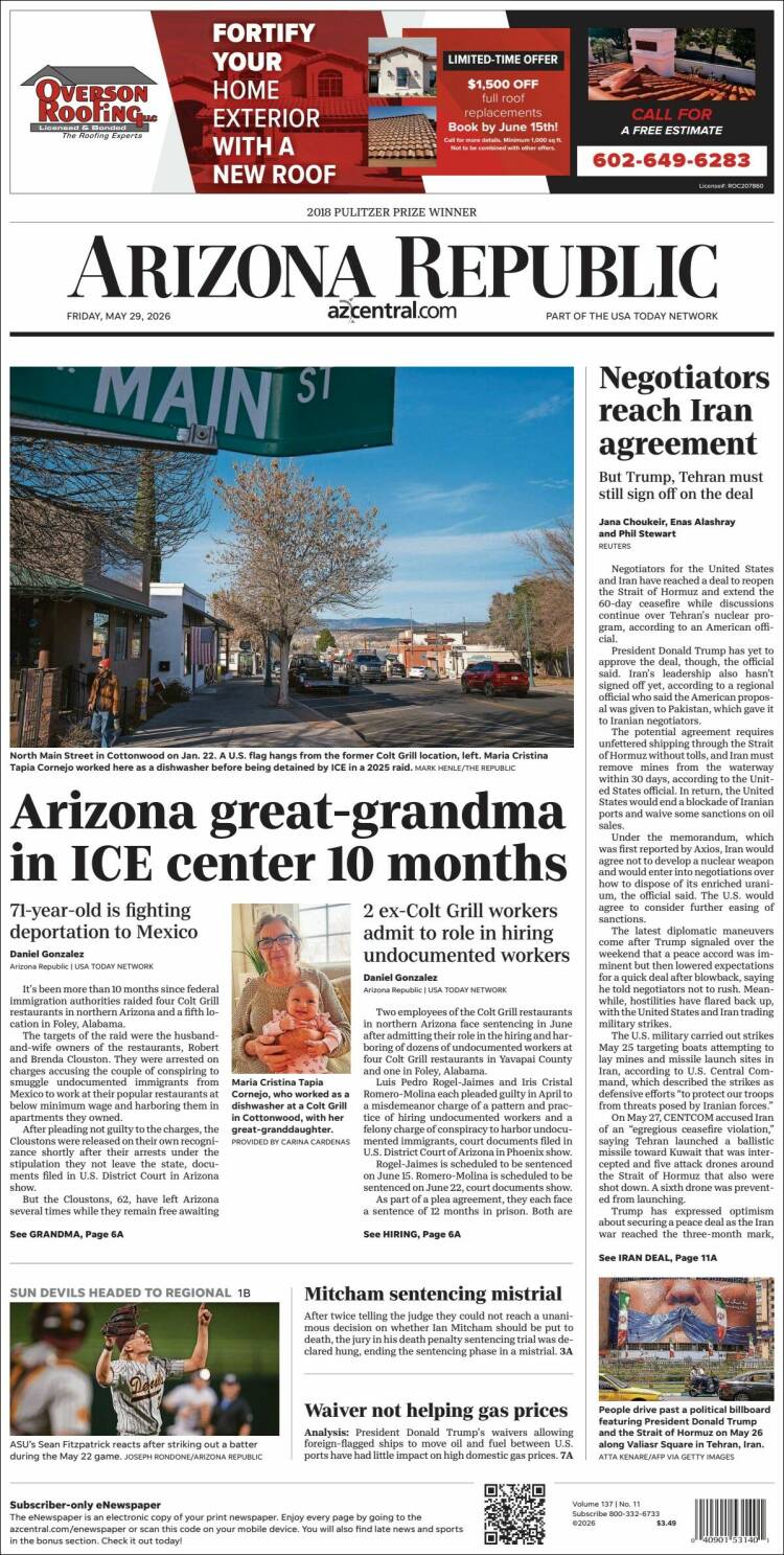 Portada de Arizona Republic News (USA)