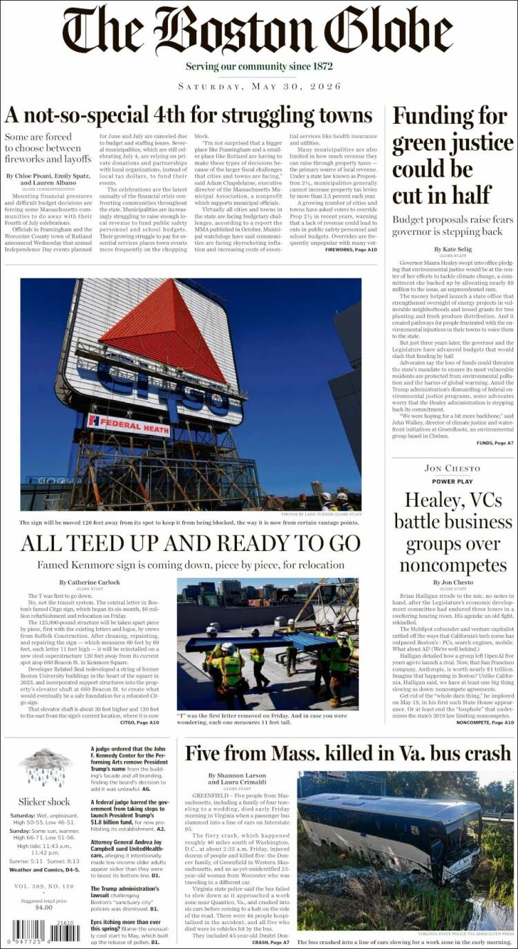 Portada de Boston Globe (USA)