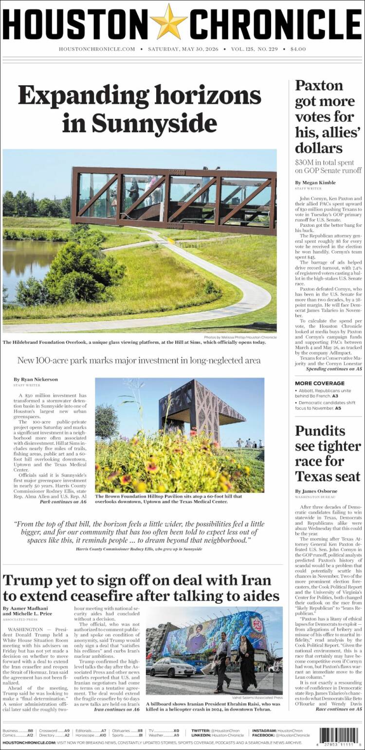 Portada de Houston Chronicle (USA)