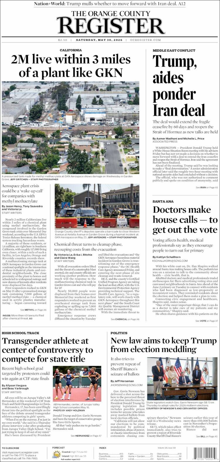Portada de The Orange County Register (USA)