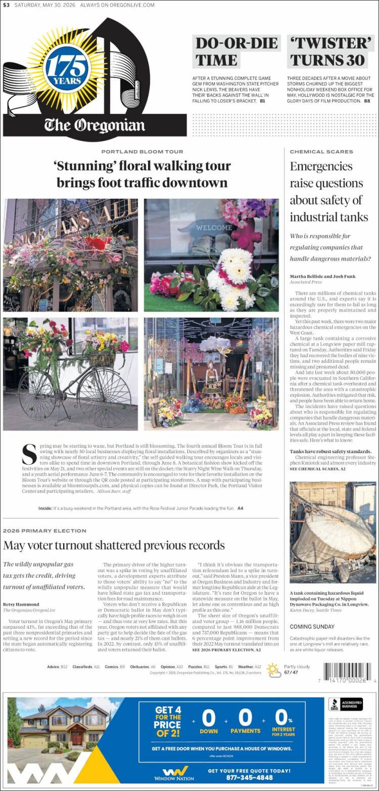 Portada de The Oregonian (USA)