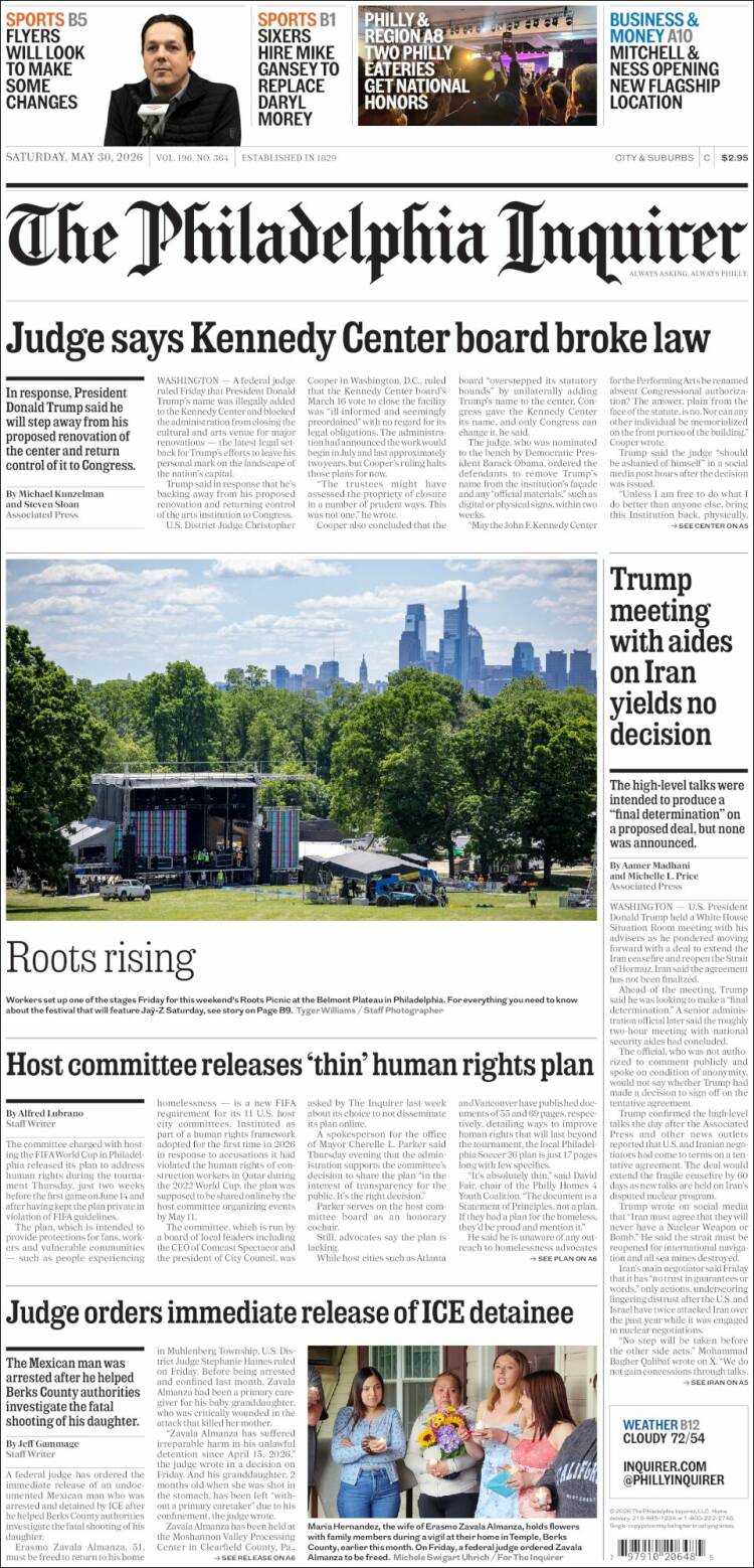 Portada de Philadelphia Inquirer (USA)