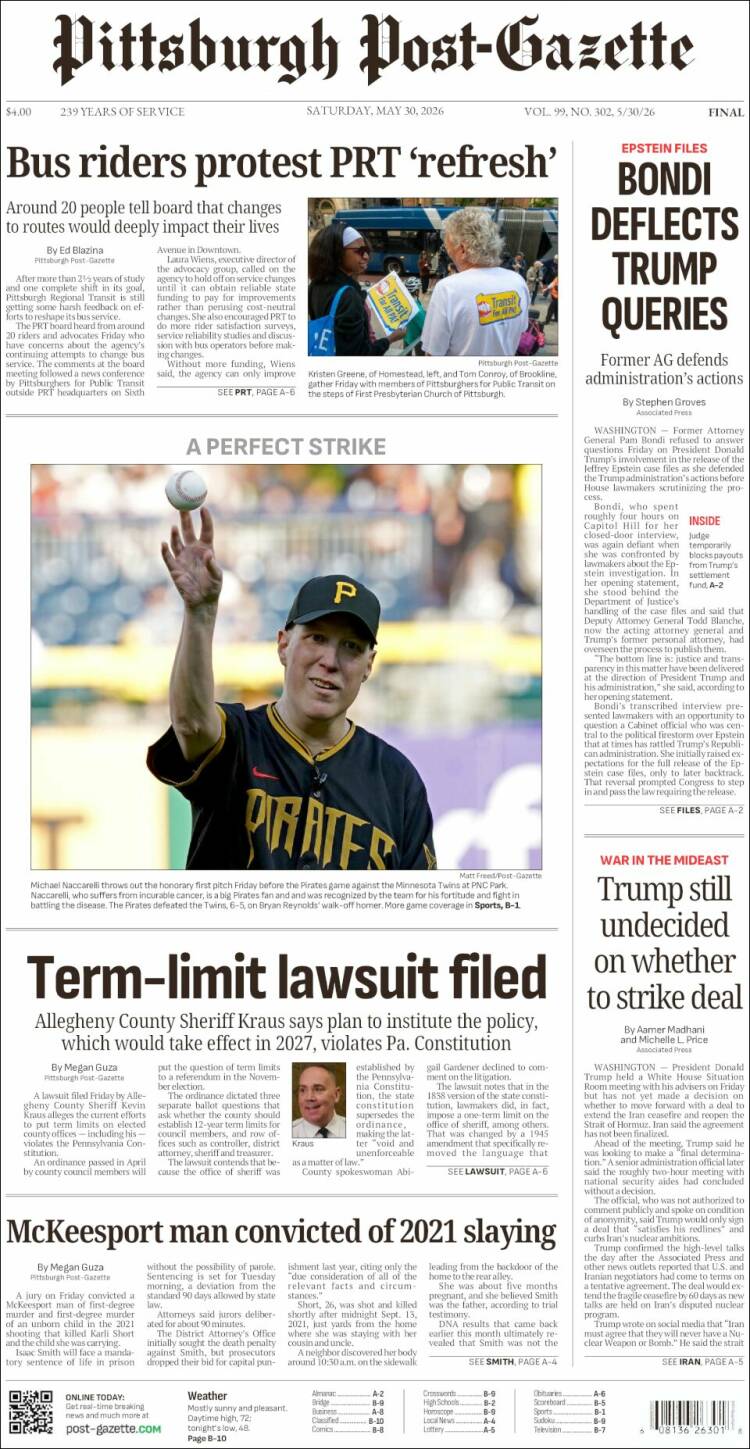 Portada de Pittsburgh Post-Gazette (USA)