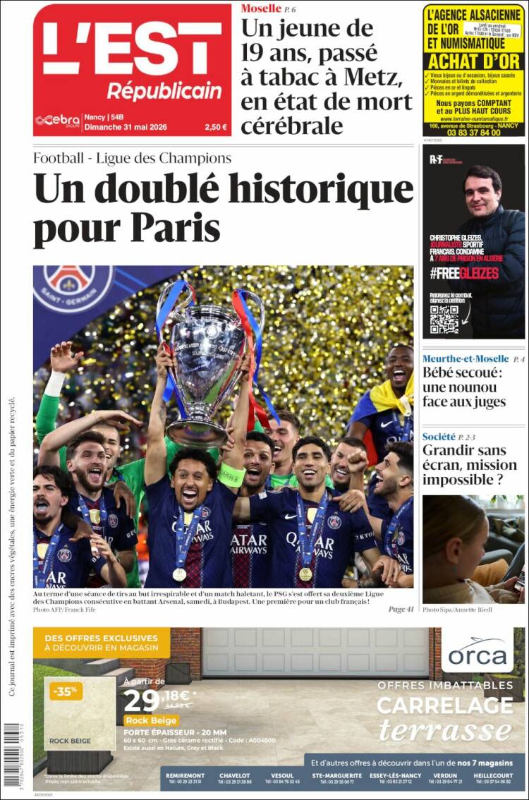 Portada de L'Est Republicain (Francia)