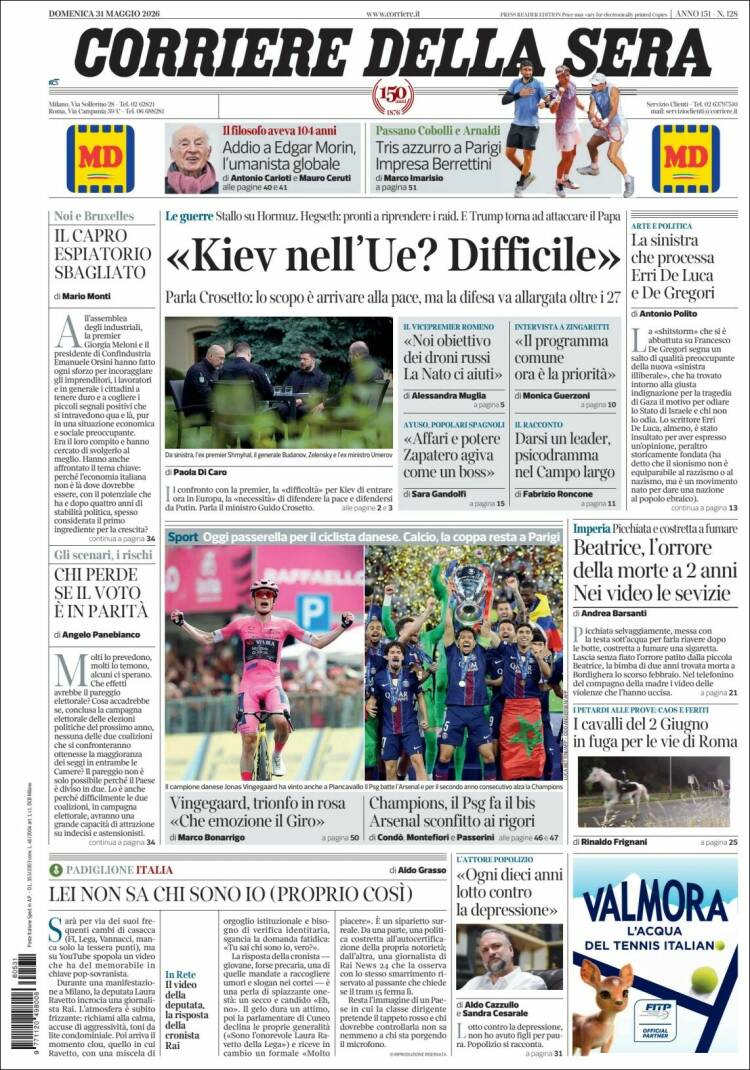 Portada de Corriere della Sera (Italia)