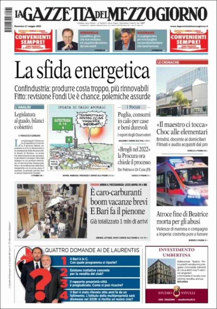 Portada de La Gazzetta del Mezzogiorno (Italia)