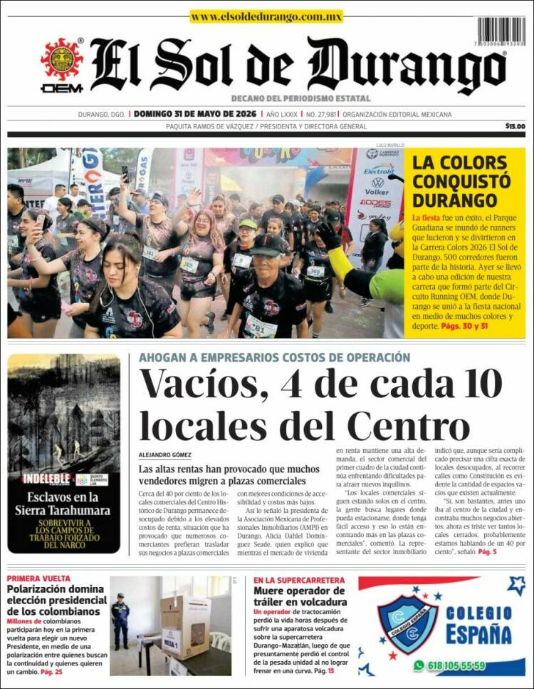 Portada de El Sol de Durango (M&eacute;xico)