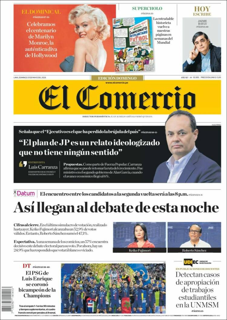 Portada de El Comercio (Per&uacute;)