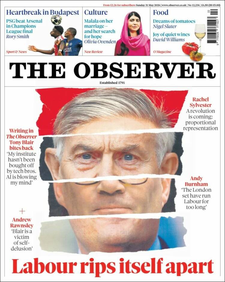 Portada de The Observer (Reino Unido)