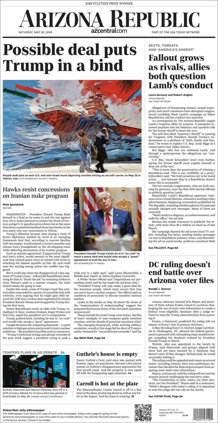 Portada de Arizona Republic News (USA)