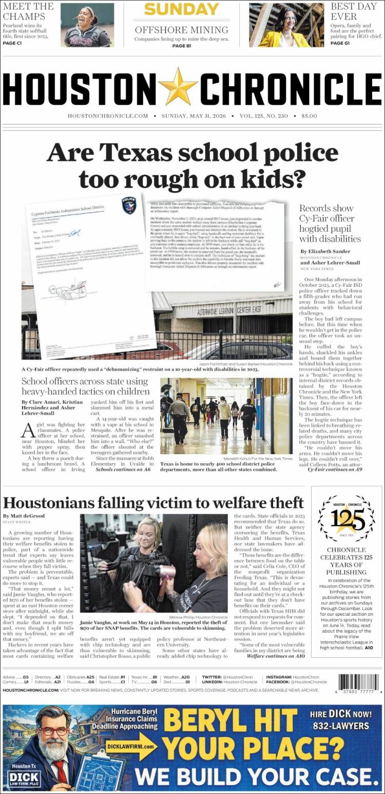Portada de Houston Chronicle (USA)