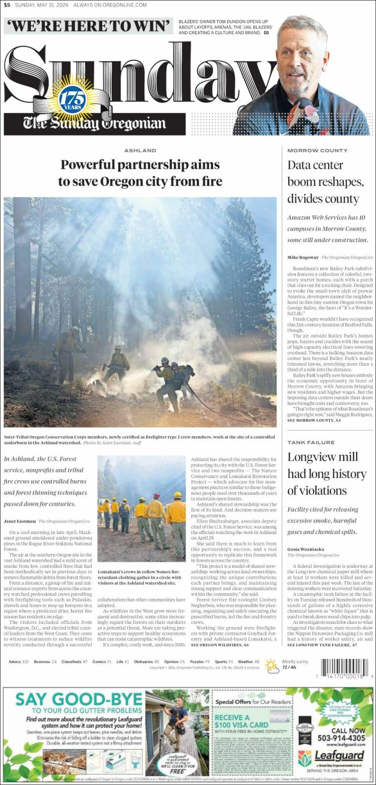 Portada de The Oregonian (USA)