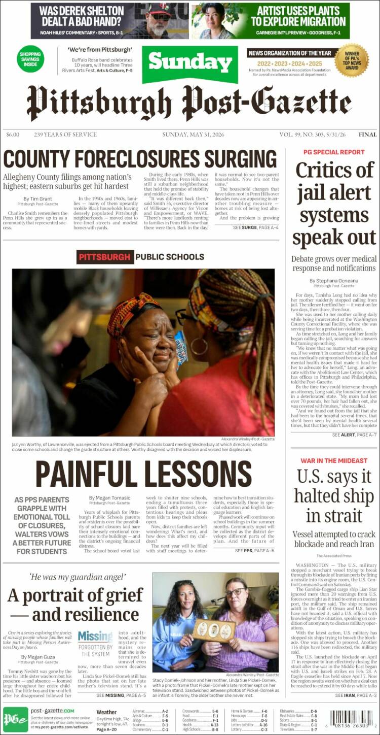 Portada de Pittsburgh Post-Gazette (USA)
