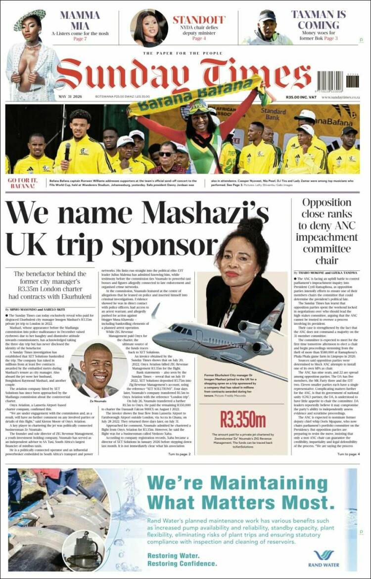 Portada de The Times (Sud&aacute;frica)