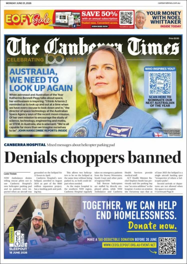 Portada de The Canberra Times (Australia)
