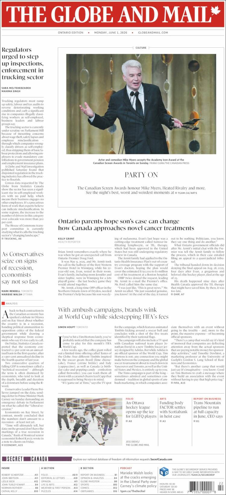 Portada de The Globe and Mail (Canad&aacute;)