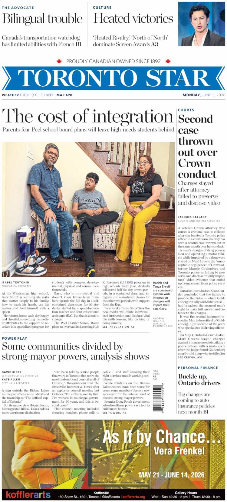 Portada de The Toronto Star (Canad&aacute;)