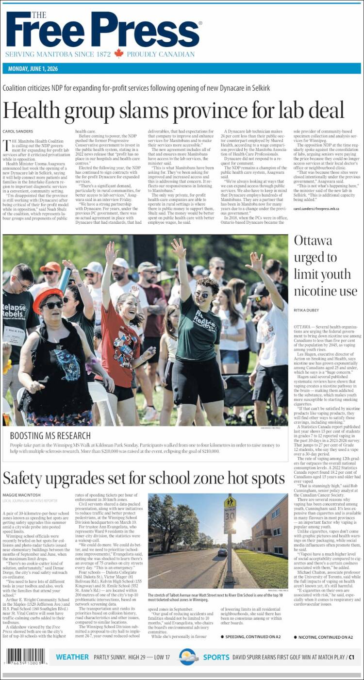 Portada de Winnipeg Free Press (Canad&aacute;)