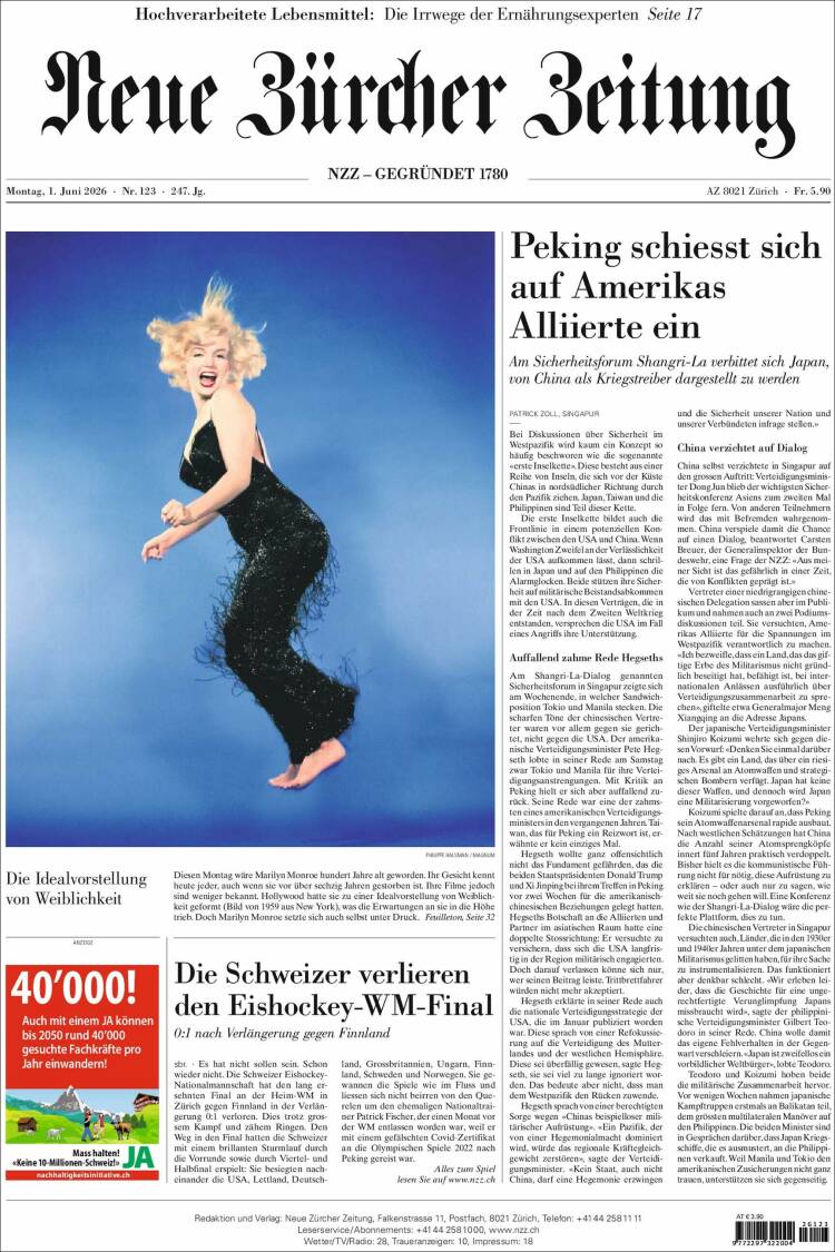 Portada de Neue Zürcher Zeitung (Suiza)