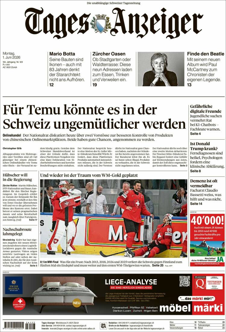 Portada de Tages-Anzeiger (Suiza)
